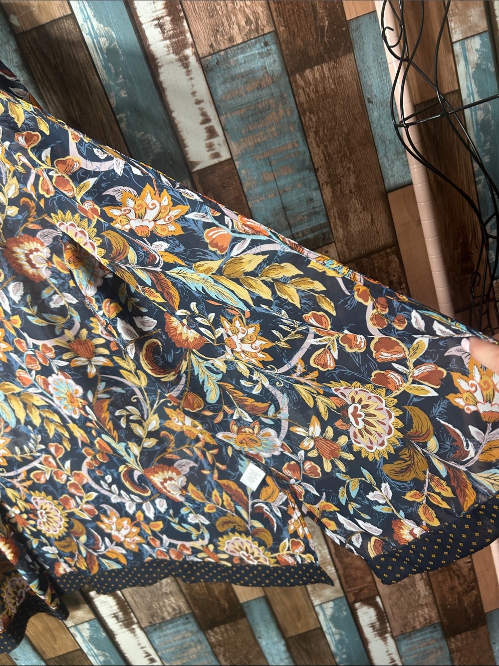 Christopher & Banks Navy Floral Open-Front Kimono with Mustard & Rust Accents - Picture 9 of 14